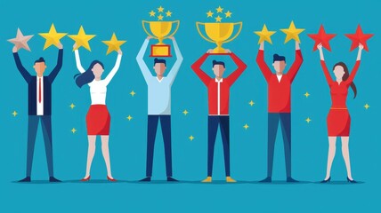 Illustration of diverse people holding stars and trophies celebrating achievement and success on a blue background.