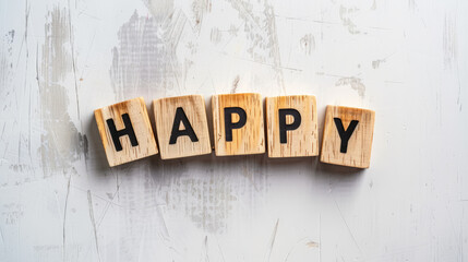 Motivational Positive Messages and Happiness: Wooden Tiles Spelling 'HAPPY' on Minimalist White Background