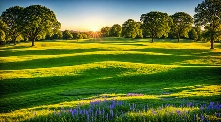 Obraz premium Beautiful green valley with green fields and hills. Natural summer background, nature landscape wallpaper. Created using generative AI tools