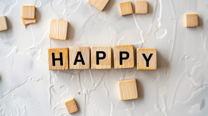 Motivational Positive Messages and Happiness: Wooden Tiles Spelling 'HAPPY' on Minimalist White Background