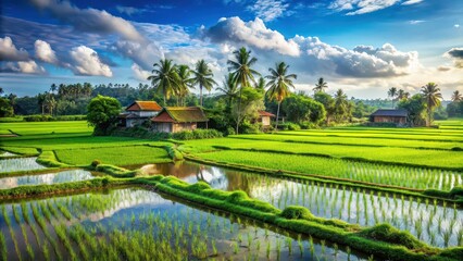 Obraz premium Scenic view of lush paddy field in a peaceful village setting, countryside, agriculture, rural, landscape, rice paddies