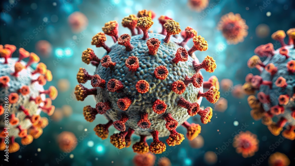 Poster Detailed close-up view of a dangerous virus under a microscope , virus, microscopic, infection, biology, outbreak