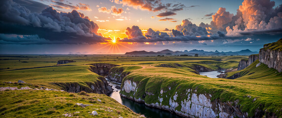 Obraz premium Epic landscape of grassy plain and river with rocky banks. Natural background, nature landscape wallpaper, banner. Created using generative AI tools
