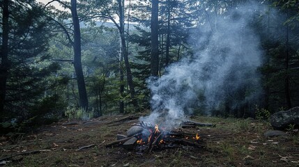 The campfire smoke wafts through the forest, blending with the scent of pine and earth.