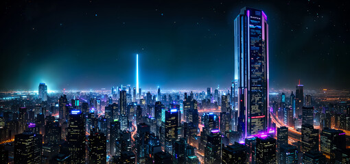 Obraz premium Cityscape, banner, panorama - aerial view of a big modern city under the starry sky at night timelapse with traffic and illuminated skyscrapers. Created using generative AI tools