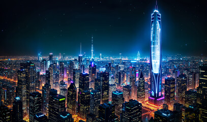 Obraz premium Cityscape - aerial view of a big modern city under the starry sky at night timelapse with traffic and illuminated skyscrapers. Created using generative AI tools