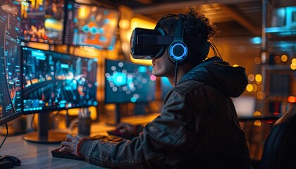 A futuristic workspace with multiple monitors, a sleek laptop, and a person using a VR headset, immersed in a digital environment