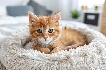 Obraz premium Adorable Orange Tabby Kitten Relaxing in a Fuzzy Cat Bed