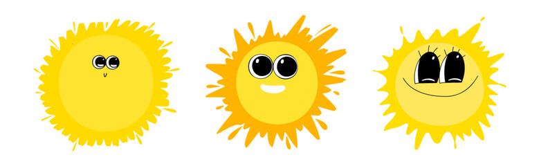 Cartoon children's cute suns. Set of funny summer characters with sun rays