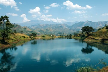 Mountain Lake with Blue Sky and Clouds Reflection