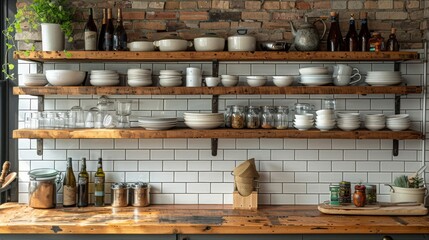 Fototapeta premium Design a kitchen with an open shelving concept, showcasing decorative dishes, glassware, and cookbooks for a modern and personalized touch.