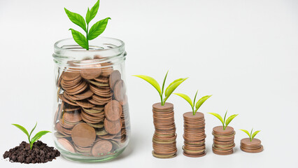 Growing money, Growth saving money and bank account for finance concept, Piggy bank with coins,  Save money for investors