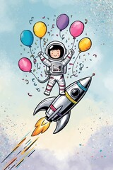 Obraz premium Astronaut Celebrating on Rocket