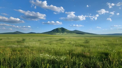 Obraz premium Green Grass Field with Mountains in the Background