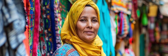 Obraz premium Portrait of a Woman in a Yellow Headscarf - A woman with a warm smile, wearing a yellow headscarf, stands in front of a colorful fabric market, her eyes looking directly at the camera. - A woman with 