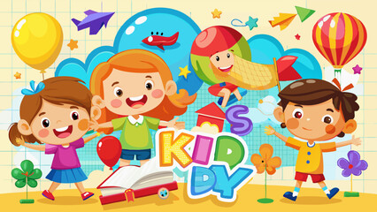 Fototapeta premium Kid's Day with Flying Colorful Paper Balloons and Airplanes on School Notebook Background.
