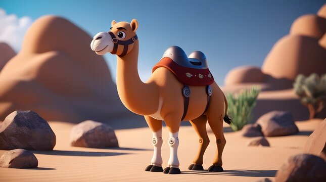 Cute 3D Render of a Cartoon Camel in the Desert