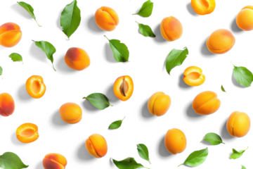 Fresh apricots and green leaves pattern on transparent background