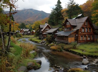 Fototapeta premium A river flows through a small village in the mountains.