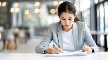 Female accountant in a business suit, reviewing tax documents at a desk, emphasizing professionalism and attention to detail