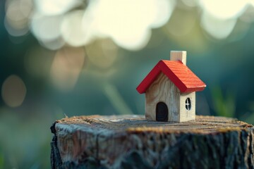 Child builds wooden toy house with red roof outdoors.