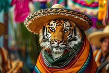 A joyful tiger celebrates with mariachi music in Mexico City, surrounded by vibrant colors and lively energy. The tiger's sombrero and poncho add to the festive atmosphere.