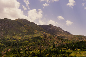 The mountains are covered in green trees and the sky is clear