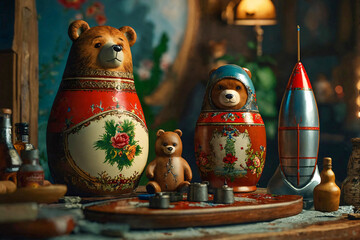 Row of wooden painted toy nesting dolls. Matryoshka bears, vodka and rocket on wooden desk. Stereotypical characters about Russia.