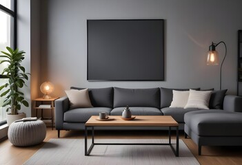 Modern living room interior with dark walls Concrete floor and poster frame mockup. Generative AI