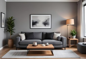 Modern living room interior with dark walls Concrete floor and poster frame mockup. Generative AI