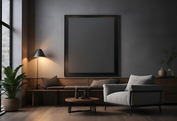 Modern living room interior with dark walls Concrete floor and poster frame mockup. Generative AI