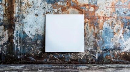 Blank Square Canvas Against Grungy Wall - A white square canvas hangs against a weathered and colorful wall, providing a blank space for creativity. - A white square canvas hangs against a weathered a