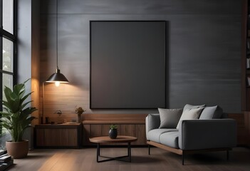 Modern living room interior with dark walls Concrete floor and poster frame mockup. Generative AI