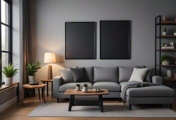 Modern living room interior with dark walls Concrete floor and poster frame mockup. Generative AI