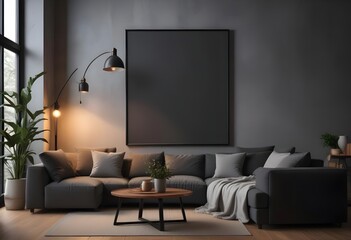 Modern living room interior with dark walls Concrete floor and poster frame mockup. Generative AI