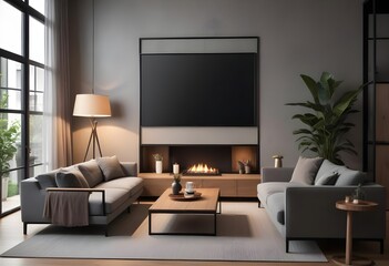 Modern living room interior with dark walls Concrete floor and poster frame mockup. Generative AI