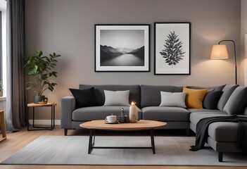 Modern living room interior with dark walls Concrete floor and poster frame mockup. Generative AI
