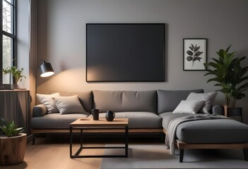 Modern living room interior with dark walls Concrete floor and poster frame mockup. Generative AI