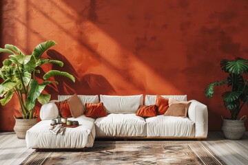 Stylish Minimalist Boho Living Room and Modern White Sofa with Terracotta Wall Mockup