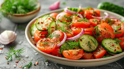 Light Crispy Cucumber and Tomato Salad with Red Onion Dill in White Bowl