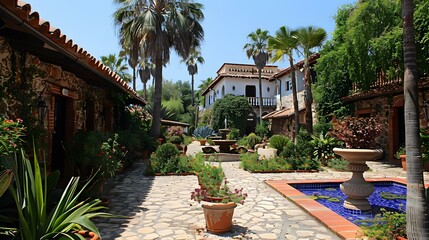 Obraz premium Beautiful courtyard garden with a fountain