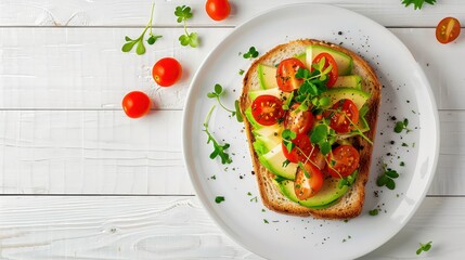 Delicious Avocado Toast with Fresh Cherry Tomatoes and Herbs on White Plate