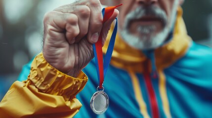 Close-up of Senior Athlete Holding a Silver Medal - A senior athlete,  wearing a blue and yellow jacket,  holds up a silver medal, the focus is on the medal, while the athlete is out of focus. - A sen