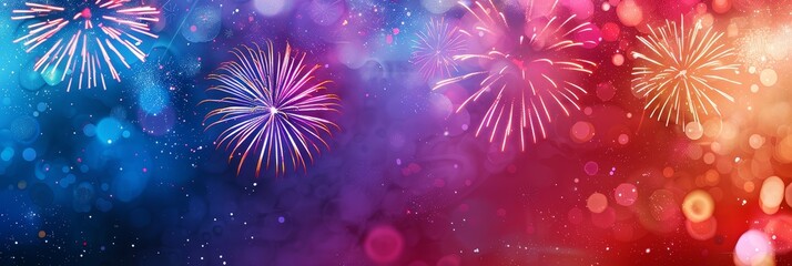 Fototapeta premium Colorful Fireworks Display Against a Starry Night Sky - A vibrant celebration of fireworks exploding in a night sky filled with twinkling stars and glowing bokeh effects. - A vibrant celebration of fi