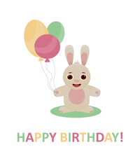 Childrens cute greeting card . Happy birthday. vector illustration. cute rabbit with balloons.