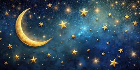 Fototapeta premium Starry night sky with golden stars and crescent moon, starry, night, sky, golden, stars, crescent, moon, celestial