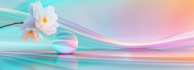 Elegant pastel composition featuring a delicate white flower and a gradient orb against a soft, flowing background with ample copy space.