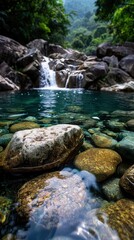 Fototapeta premium Crystal clear waterfall cascading over rocks into a pristine pool, surrounded by lush greenery, perfect for illustrating natural beauty and serene landscapes