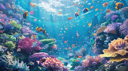 Anime-style underwater scene showcasing a lively coral reef, filled with colorful fish and corals