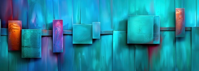 Abstract art composition with textured, multicolored rectangles on a vibrant turquoise backdrop. An ideal background or wallpaper with ample copy space.